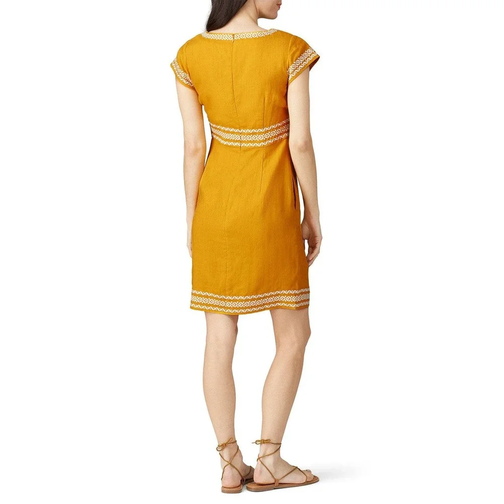 Boden Laura Linen Embroidered Mustard Yellow Linen Shift Dress US 8R